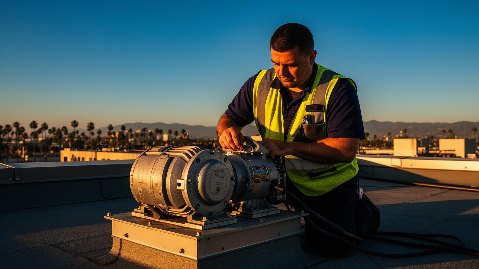 Technician servicing a rooftop commercial exhaust fan in Los Angeles